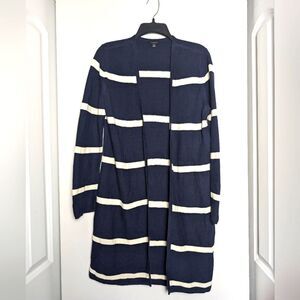 Talbots ribbed long cardigan duster Navy stripe closet staple capsule office